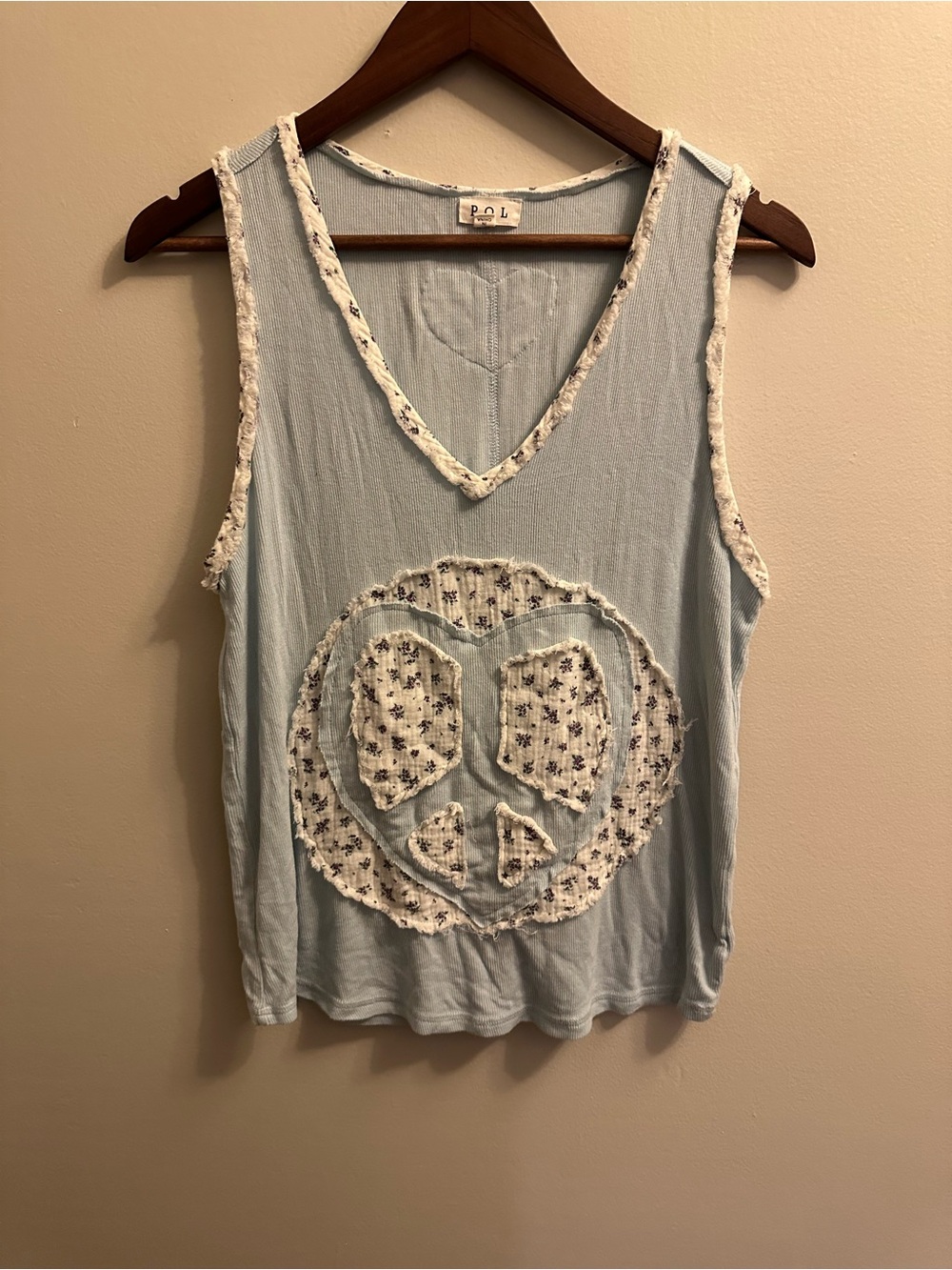 POL Pale Blue Sleeveless Tank with Peace Sign Appliqué